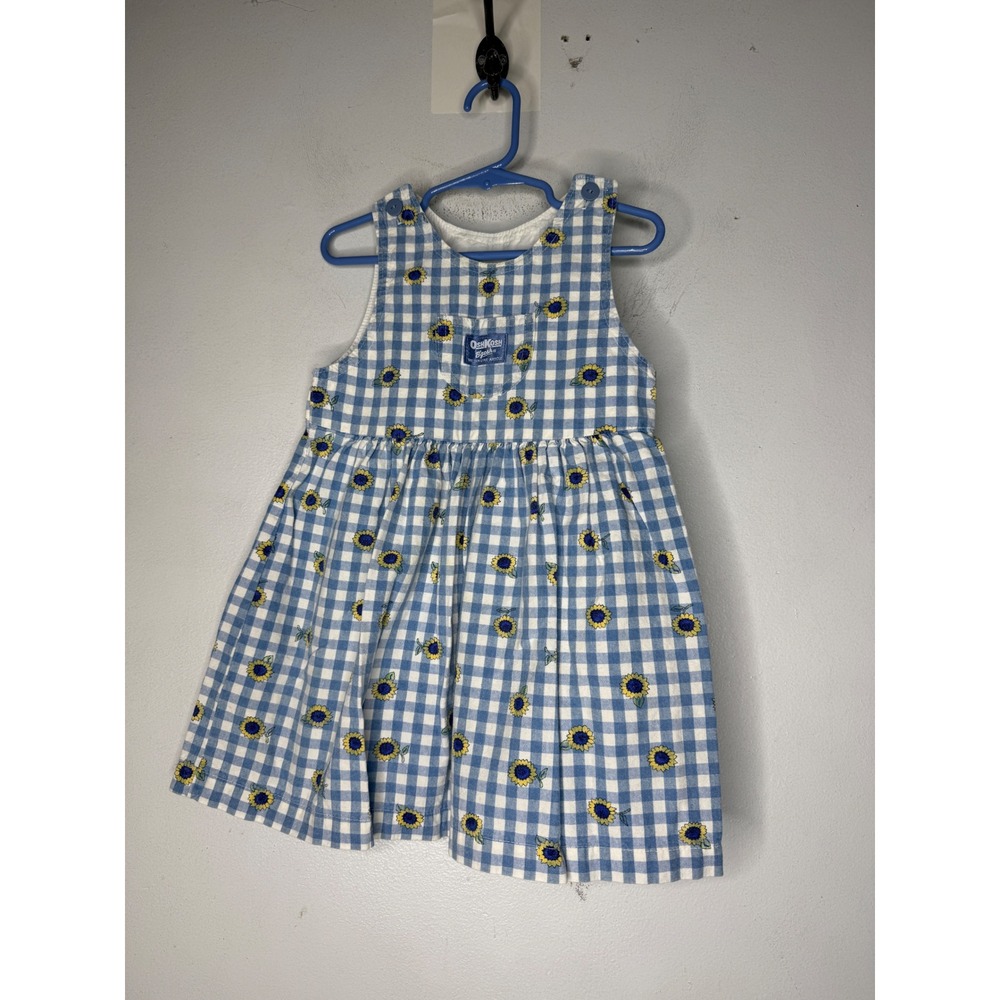 Vintage OshKosh B'gosh Sunflower Gingham Pinafore Dress Blue White 4T USA Made